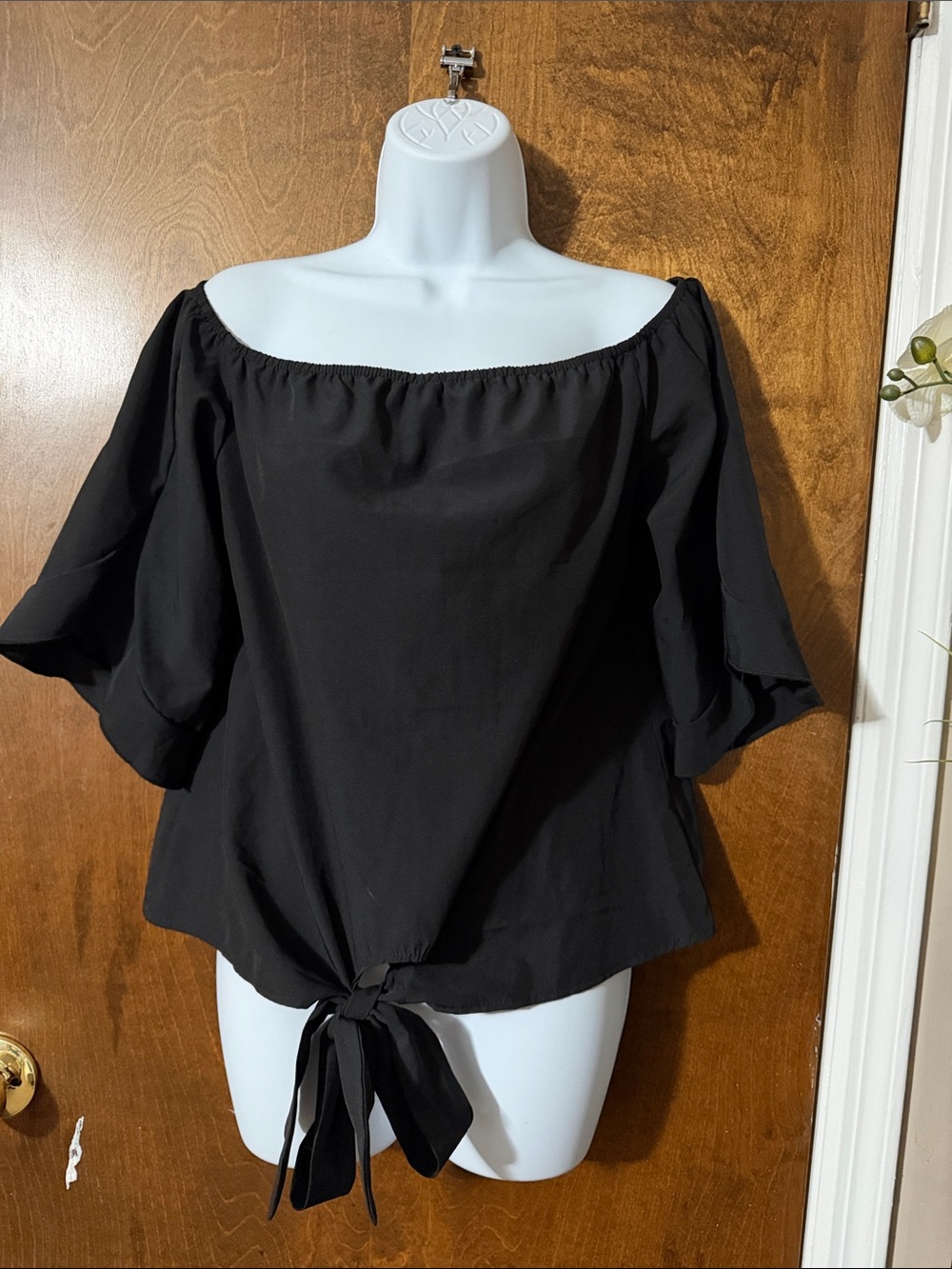 Black Off-Shoulder Tie-Front Top
